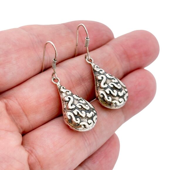 Vintage Sterling Silver 925 4cm Teardrop Swirl Dangle Earrings - Picture 1 of 6